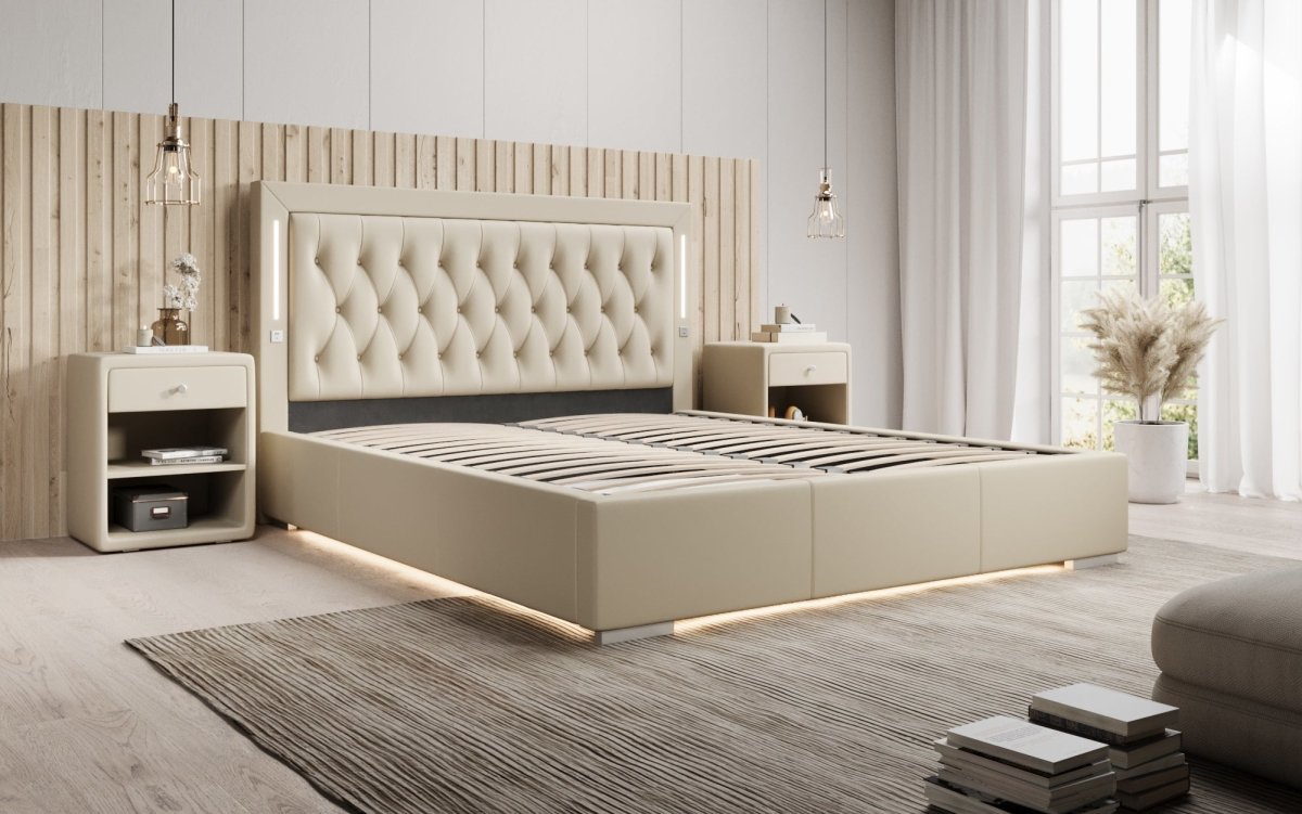 Luxuriöses Designer Polsterbett Rio mit RGB-Beleuchtung, USB-Anschluss und Stauraum