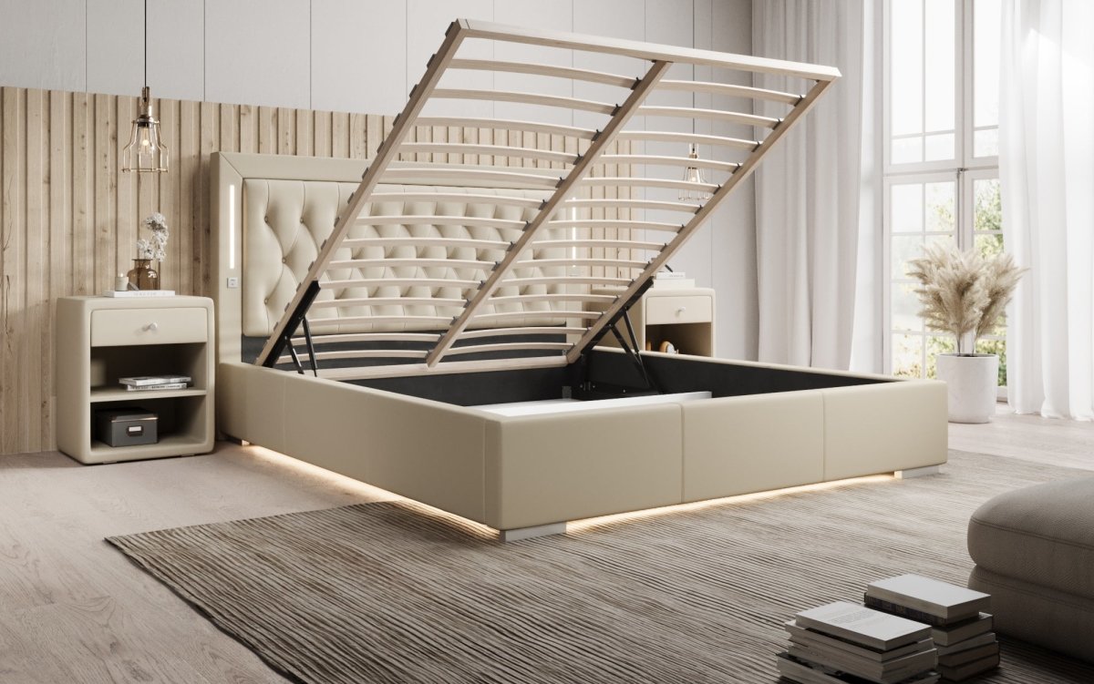 Luxuriöses Designer Polsterbett Rio mit RGB-Beleuchtung, USB-Anschluss und Stauraum
