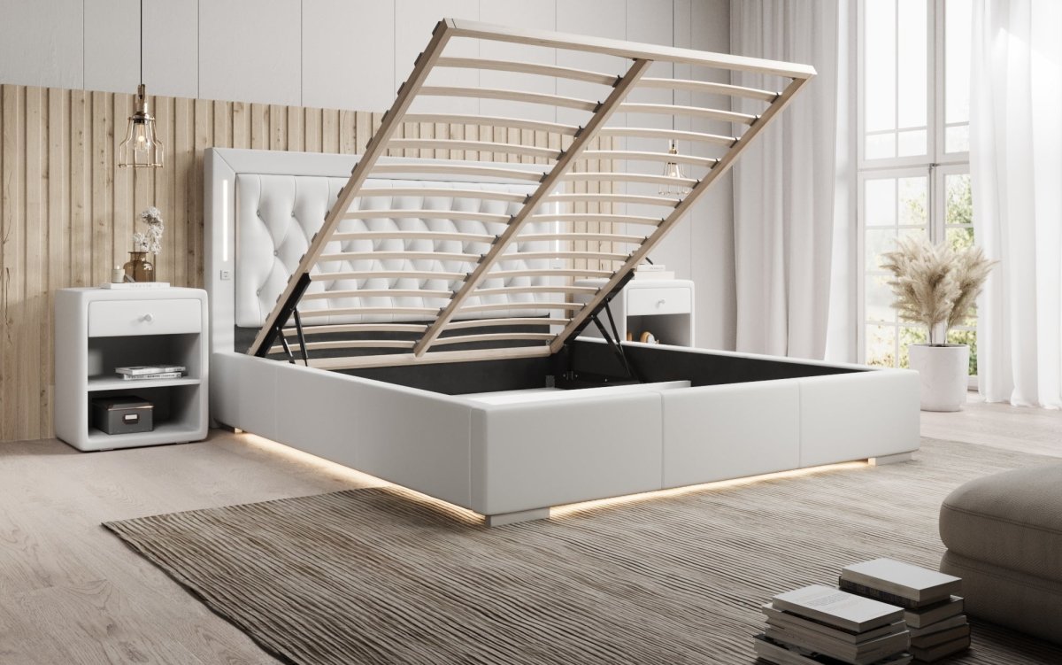 Luxuriöses Designer Polsterbett Rio mit RGB-Beleuchtung, USB-Anschluss und Stauraum
