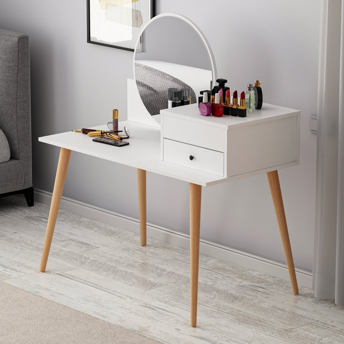 Designer Schminktisch Angel: Eleganter Spiegel, Clevere Schubladen, Stilvolle Holzoptik
