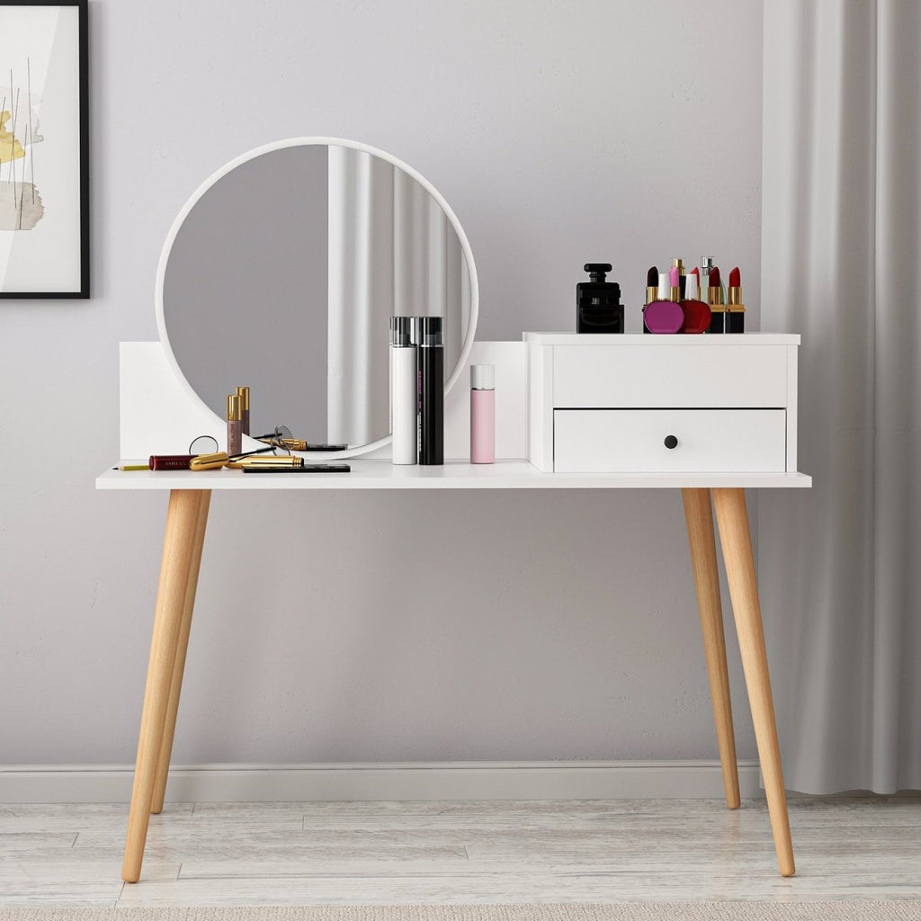 Designer Schminktisch Angel: Eleganter Spiegel, Clevere Schubladen, Stilvolle Holzoptik