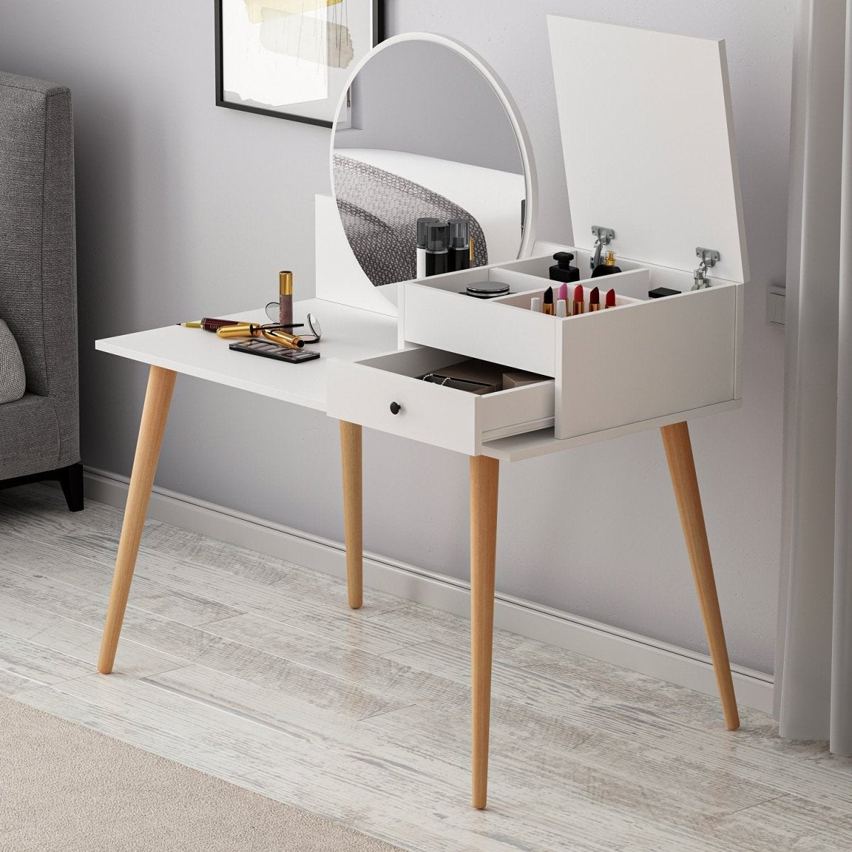 Designer Schminktisch Angel: Eleganter Spiegel, Clevere Schubladen, Stilvolle Holzoptik