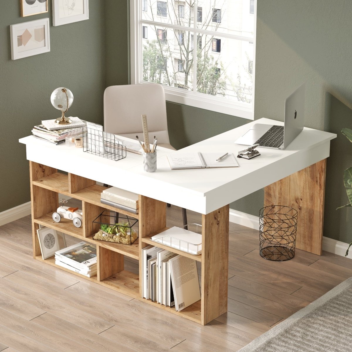 Tiro Designer Eckschreibtisch mit Regal, Modernes Home-Office Arbeitszimmer, Kiefer Anthrazit Weiß