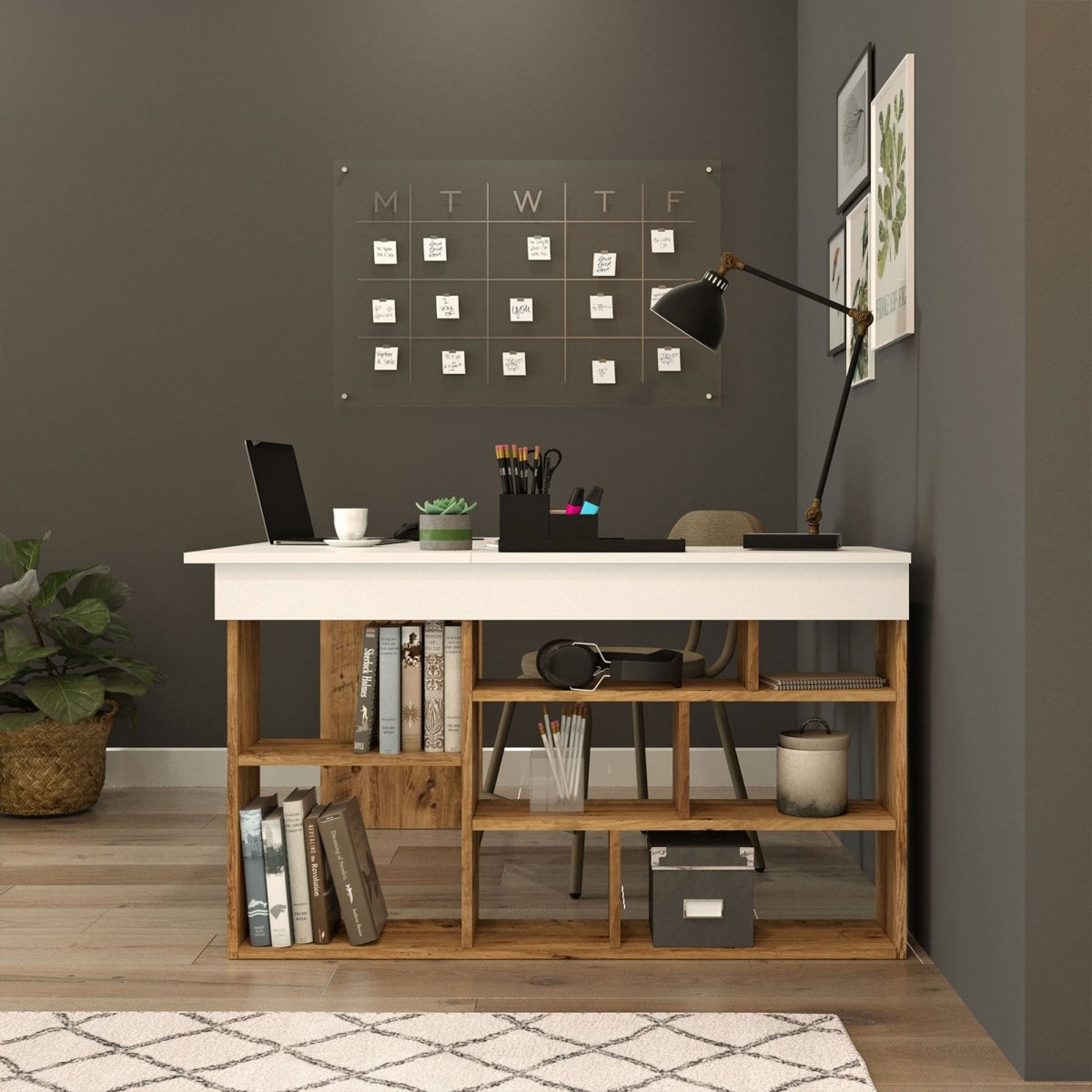 Tiro Designer Eckschreibtisch mit Regal, Modernes Home-Office Arbeitszimmer, Kiefer Anthrazit Weiß
