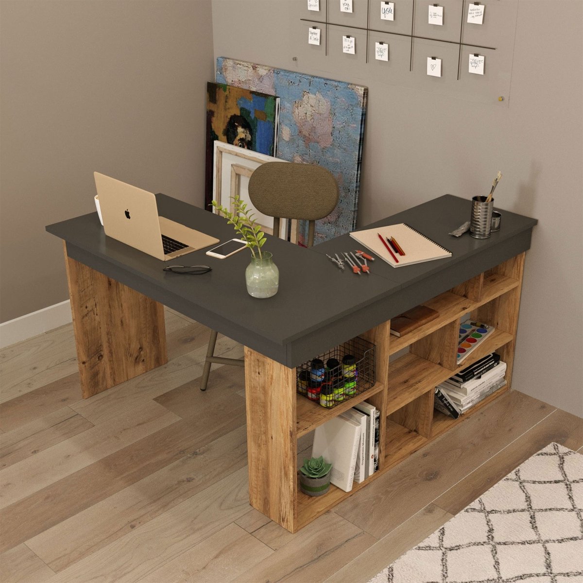 Tiro Designer Eckschreibtisch mit Regal, Modernes Home-Office Arbeitszimmer, Kiefer Anthrazit Weiß