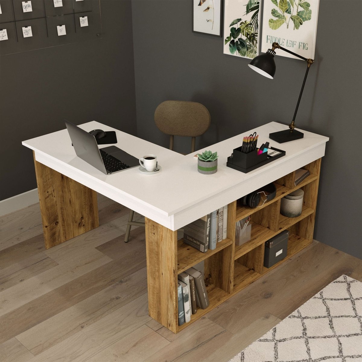 Tiro Designer Eckschreibtisch mit Regal, Modernes Home-Office Arbeitszimmer, Kiefer Anthrazit Weiß