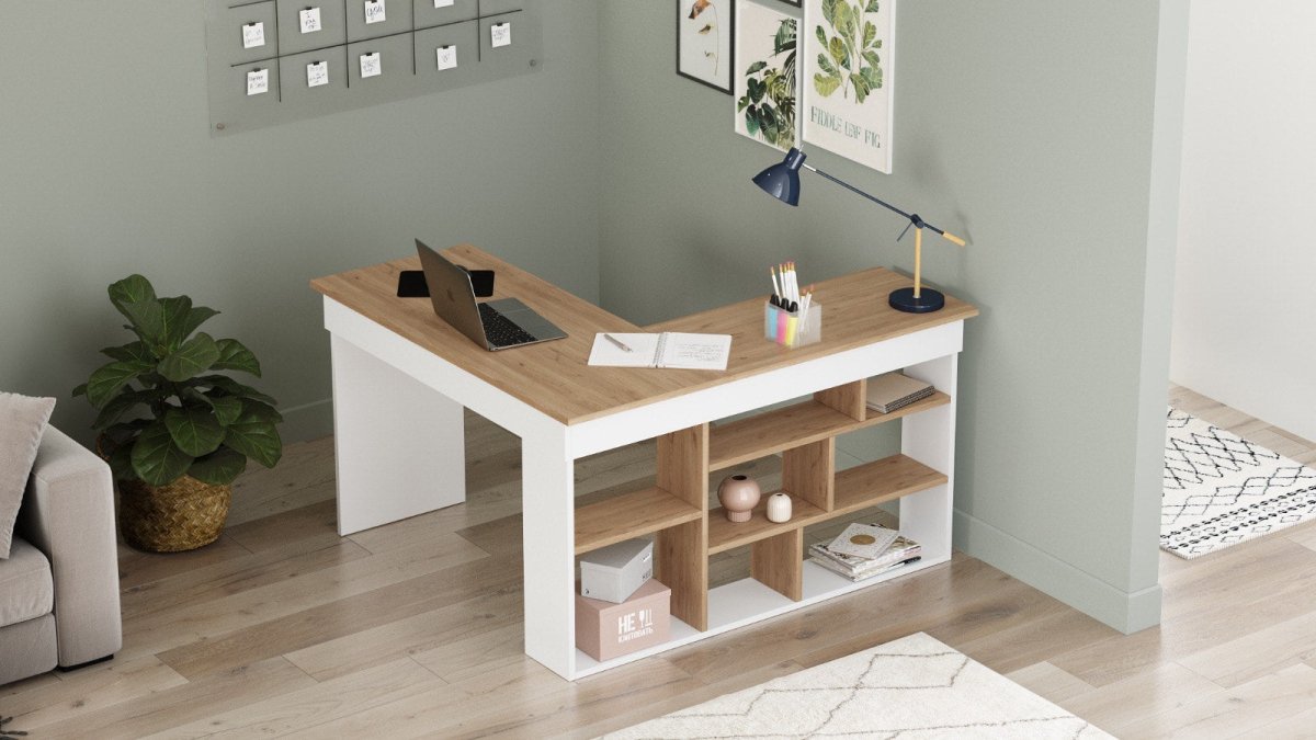 Tiro Designer Eckschreibtisch mit Regal, Modernes Home-Office Arbeitszimmer, Kiefer Anthrazit Weiß