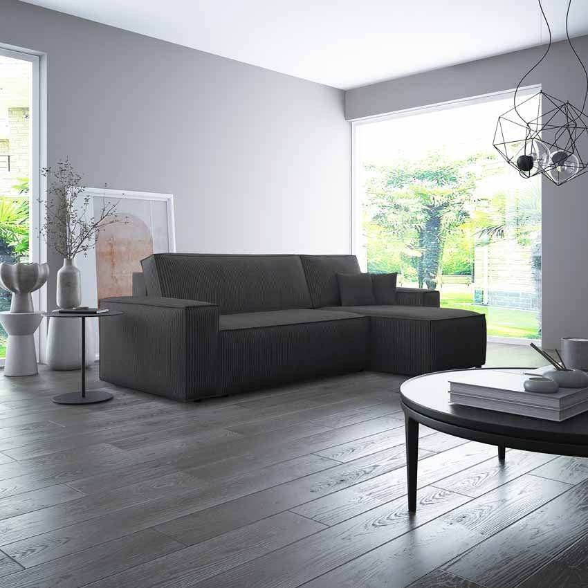 Cordario Designer Schlafsofa mit Stauraumfunktion, bequeme Eckcouch aus Cordstoff