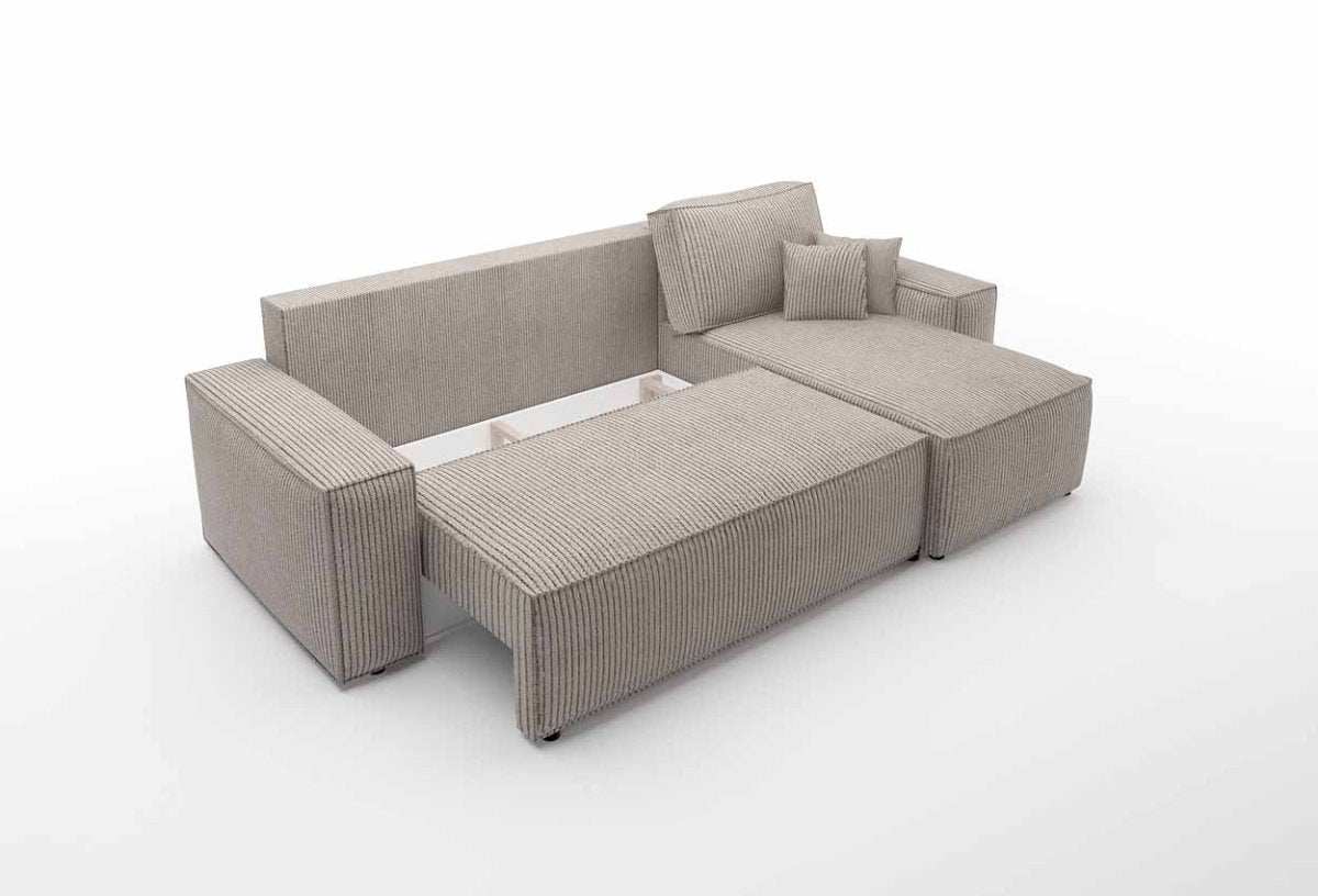 Cordario Designer Schlafsofa mit Stauraumfunktion, bequeme Eckcouch aus Cordstoff