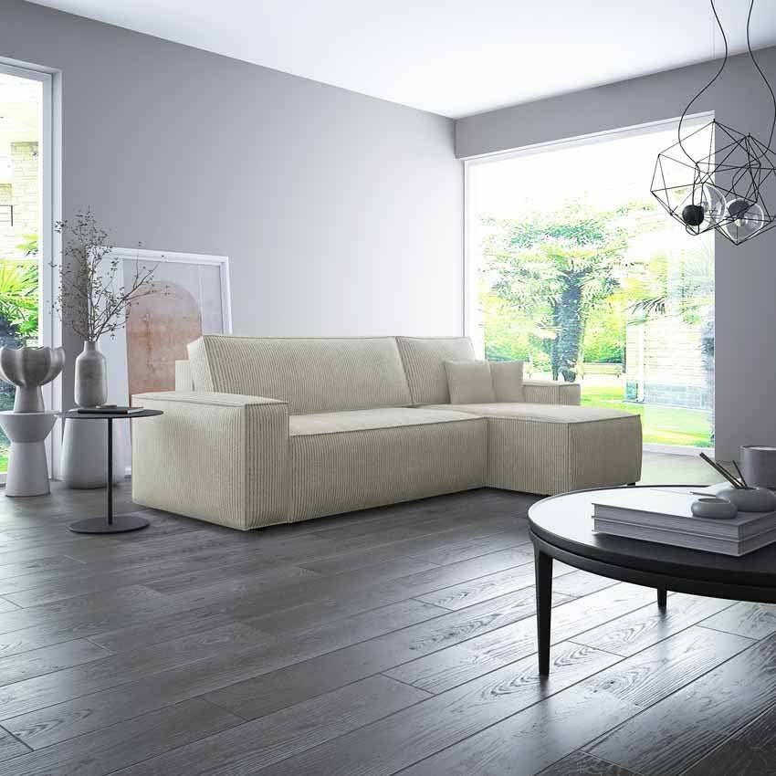 Cordario Designer Schlafsofa mit Stauraumfunktion, bequeme Eckcouch aus Cordstoff