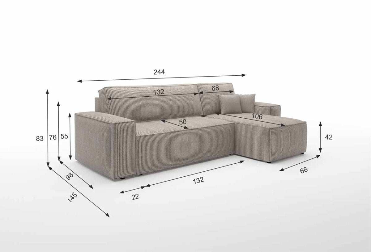 Cordario Designer Schlafsofa mit Stauraumfunktion, bequeme Eckcouch aus Cordstoff