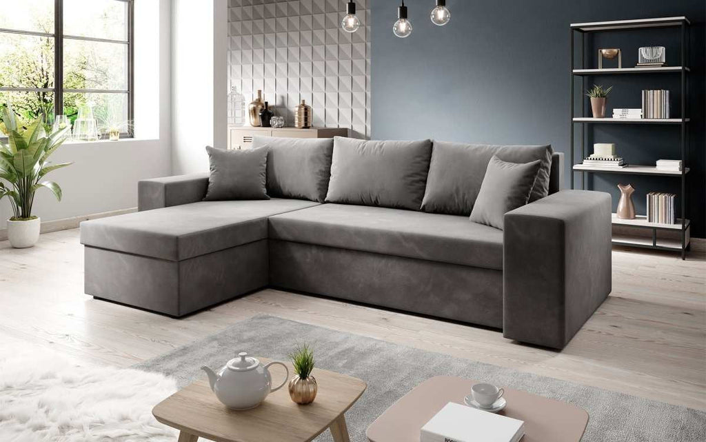 Designer Ecksofa Denver Samt mit Schlaffunktion – Verwandlungsfähige L-Form Couch