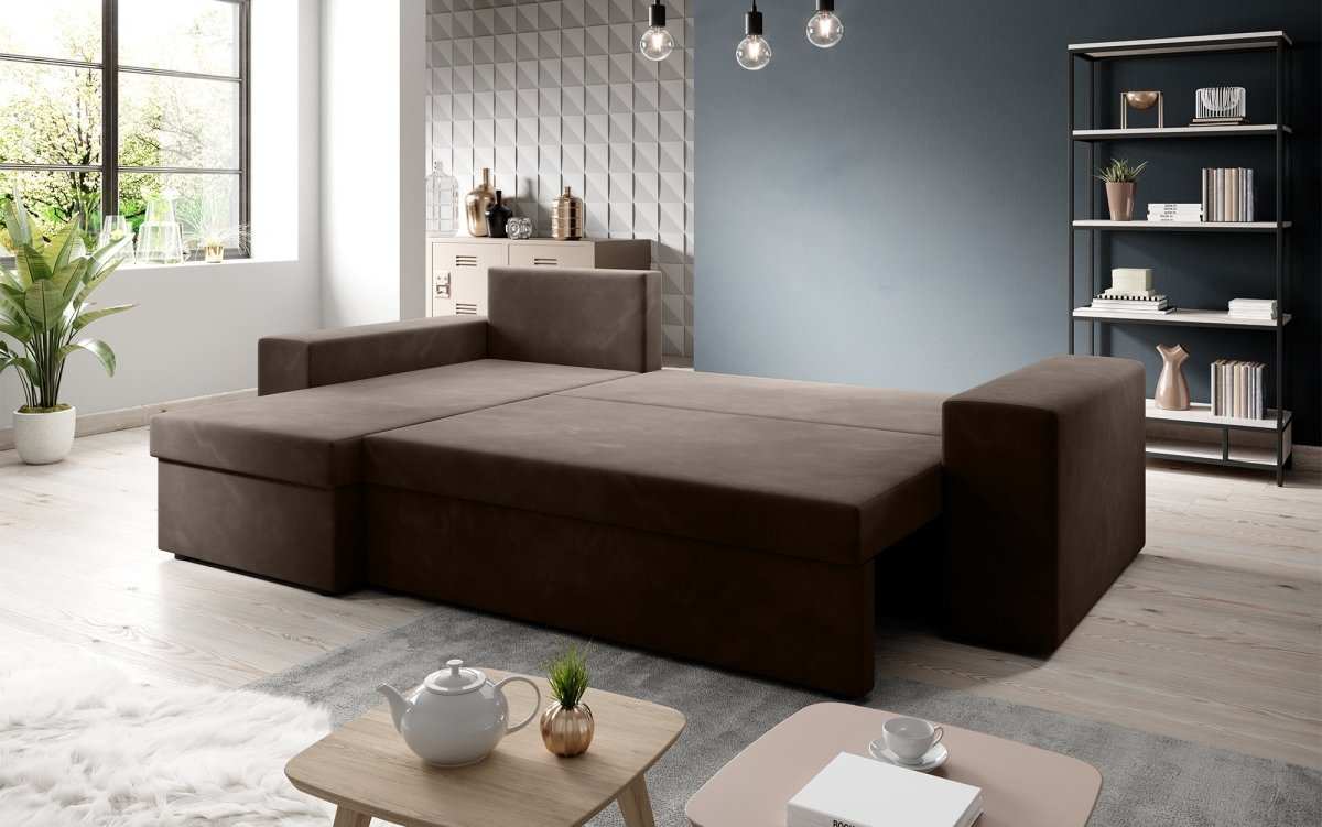Designer Ecksofa Denver Samt mit Schlaffunktion – Verwandlungsfähige L-Form Couch