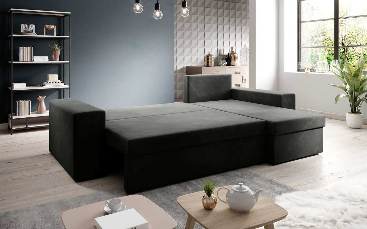 Designer Ecksofa Denver Samt mit Schlaffunktion – Verwandlungsfähige L-Form Couch