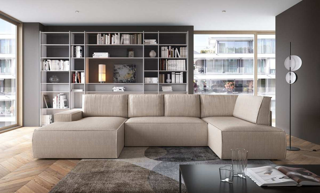 Designer Schlafsofa Rondo: Großes U-Form Cord Sofa mit Schlaffunktion