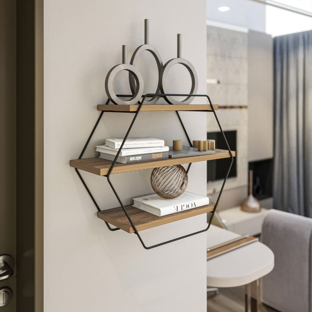 Azra Designer Sechseckiges Wandregal – Modernes Metall Hängeregal mit Kiefernholz-Einlegeböden
