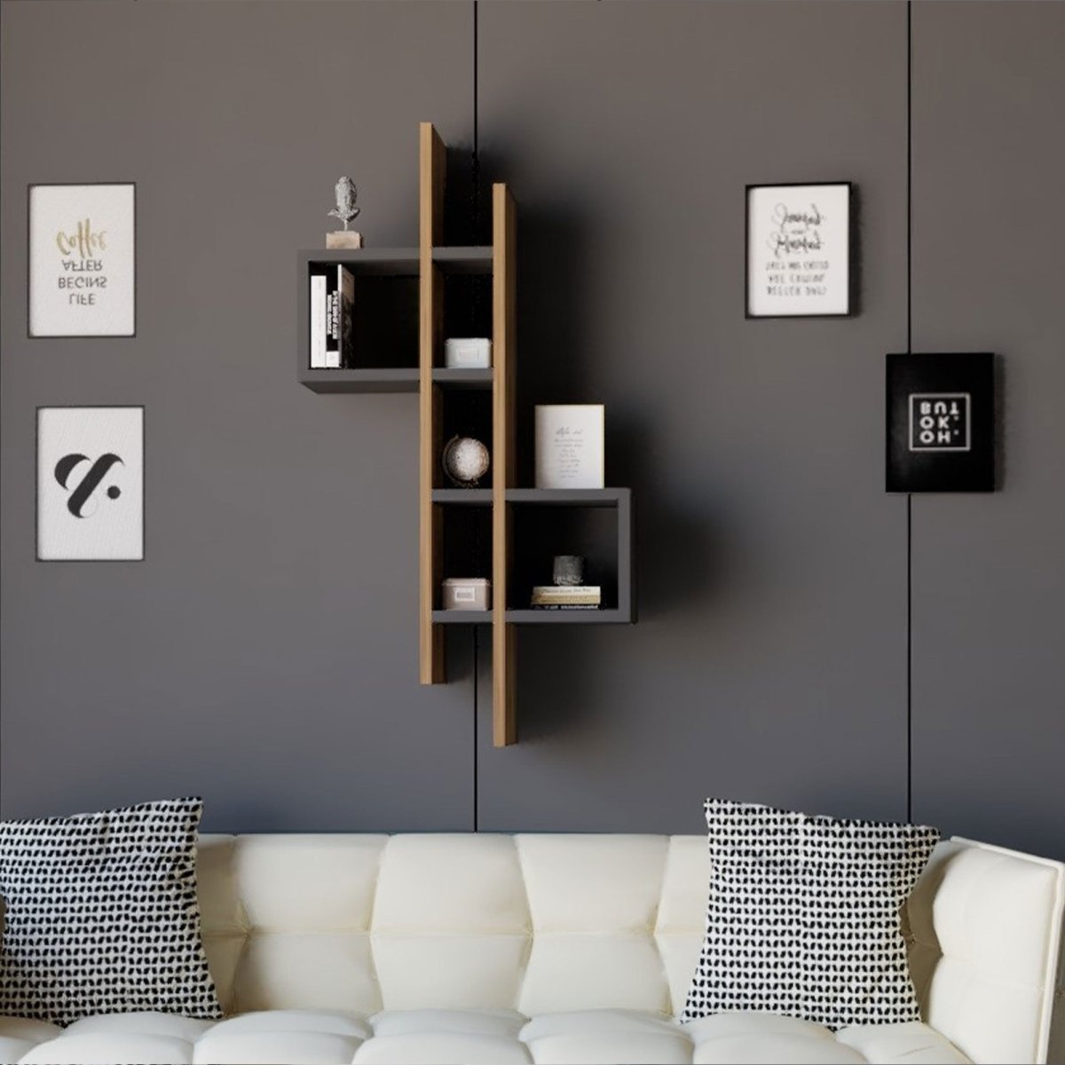 Modernes Designer Wandregal Bellegra – Dynamische Form mit Eichenoptik und Anthrazit Ablagefächern