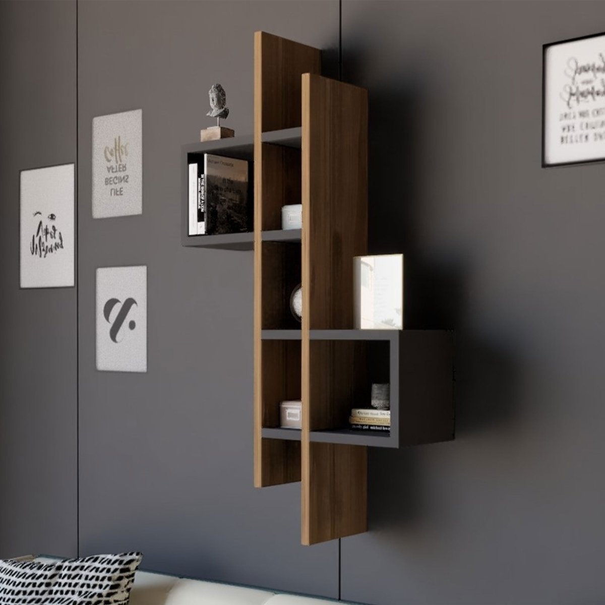 Modernes Designer Wandregal Bellegra – Dynamische Form mit Eichenoptik und Anthrazit Ablagefächern