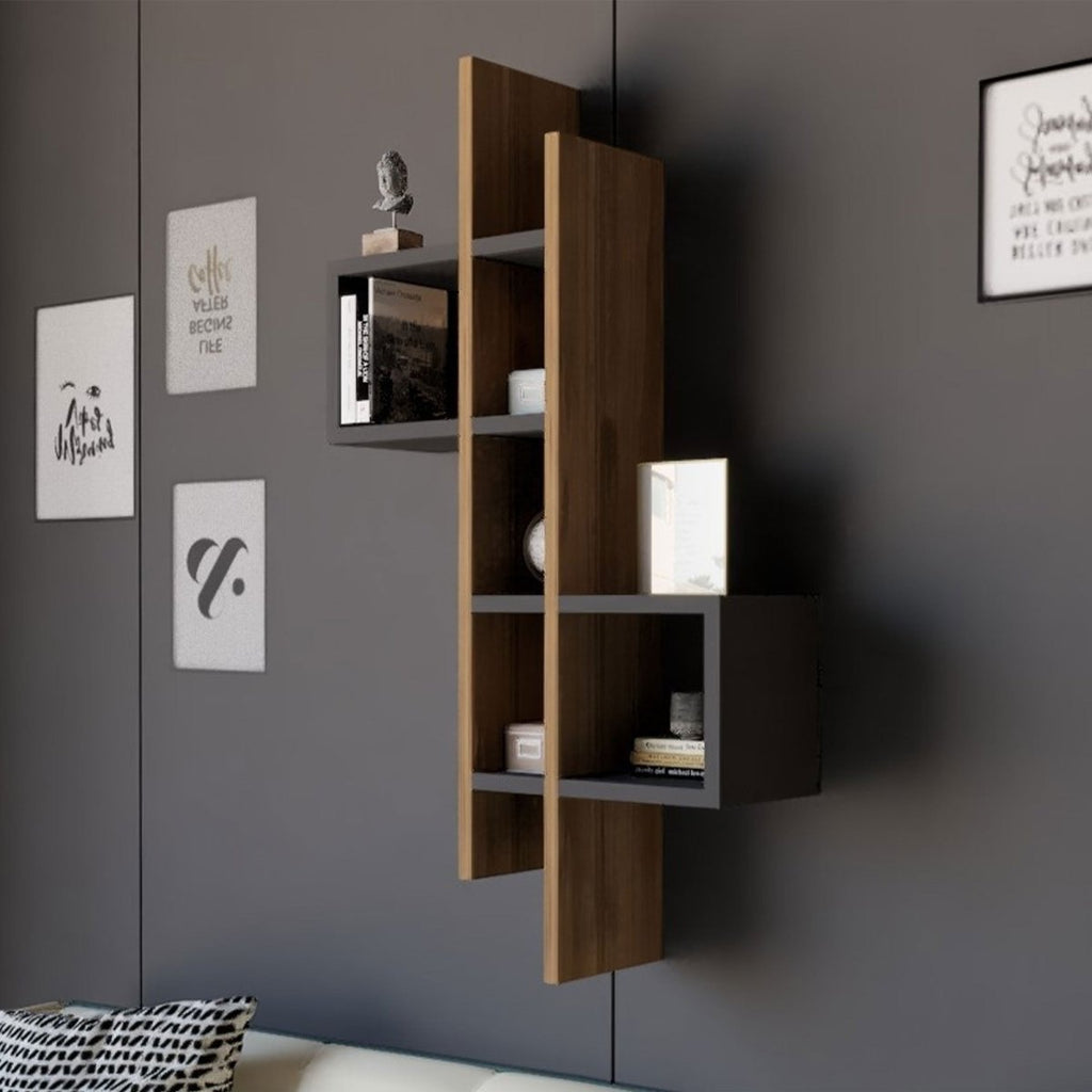 Modernes Designer Wandregal Bellegra – Dynamische Form mit Eichenoptik und Anthrazit Ablagefächern