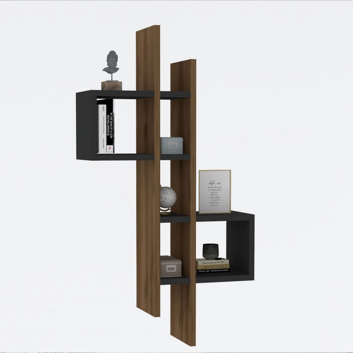 Modernes Designer Wandregal Bellegra – Dynamische Form mit Eichenoptik und Anthrazit Ablagefächern