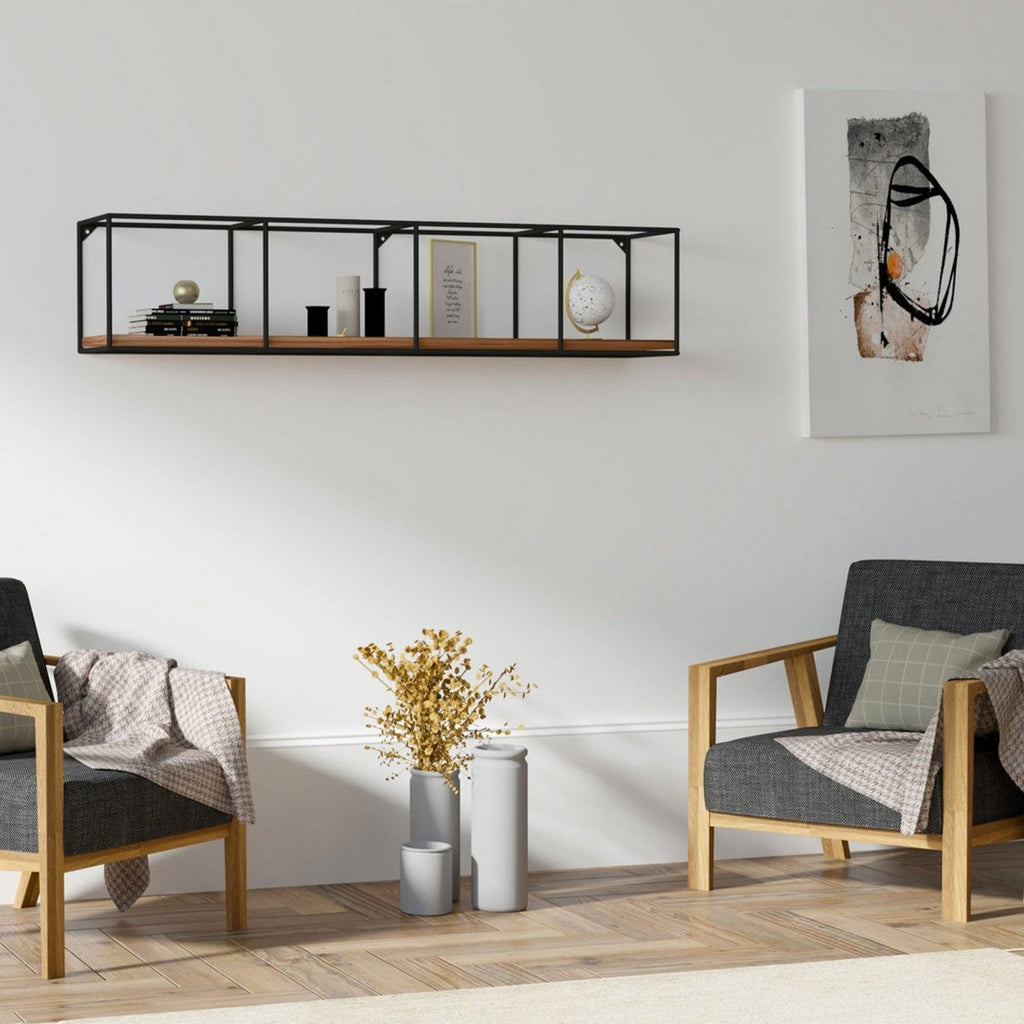 Modernes Designer Wandregal Miray: Schwarzes Metall, Walnuss-Optik, Vielseitige Ablage