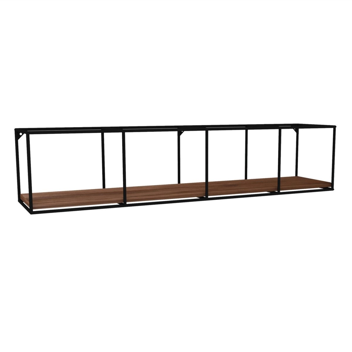 Modernes Designer Wandregal Miray: Schwarzes Metall, Walnuss-Optik, Vielseitige Ablage