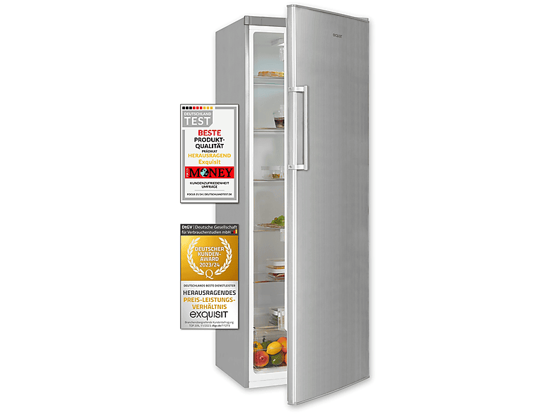 EXQUISIT KS350-V-H-040D Geräumiger Vollraumkühlschrank, Energieklasse D, Edelstahl-Optik, leise & effizient
