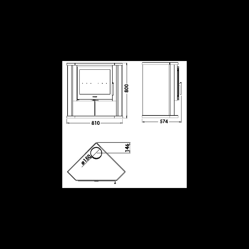 Panadero Sintra Eckofen 7 kW Dreifachverbrennung mit großem Sichtfenster Schwarz