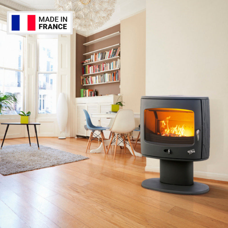 Godin Eliot Holzofen 8 kW mit runder Gusseisen-Design, großer Flammenansicht, schwarz