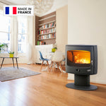 Lade das Bild in den Galerie-Viewer, Godin Eliot Holzofen 8 kW mit runder Gusseisen-Design, großer Flammenansicht, schwarz
