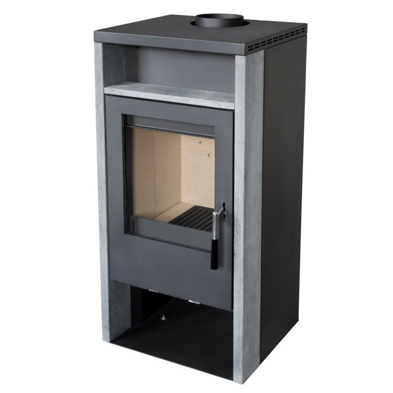Vega Holzofen mit Pierre Ollaire, 6,2 kW, integrierter Holzlager, effiziente Verbrennung