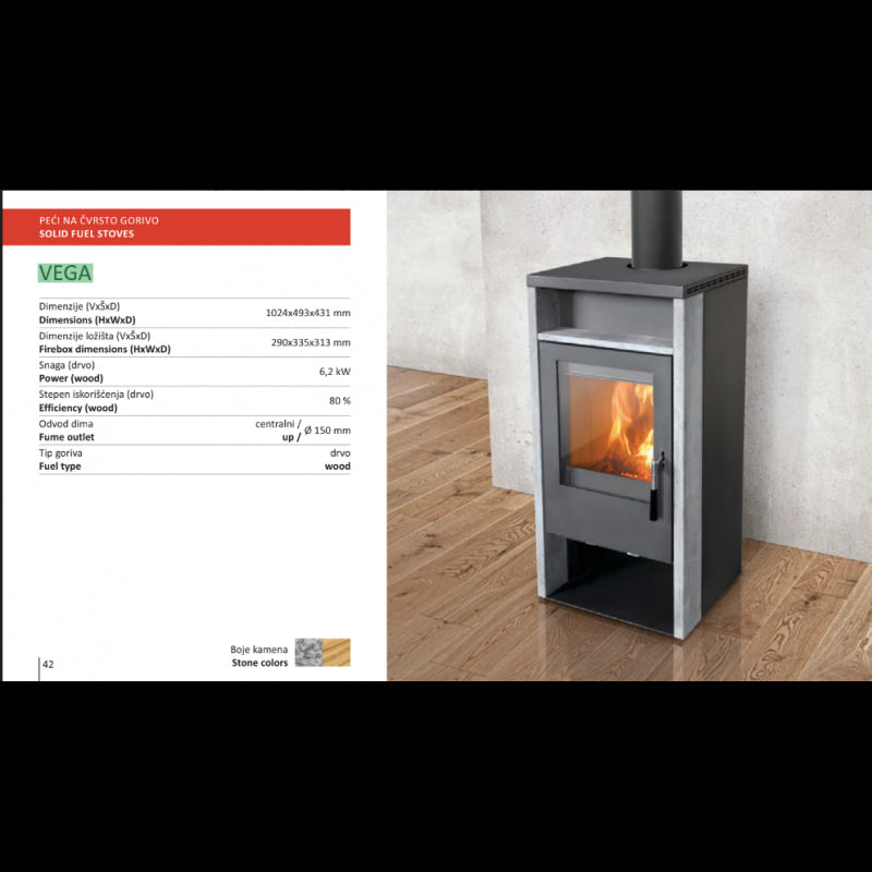 Vega Holzofen mit Pierre Ollaire, 6,2 kW, integrierter Holzlager, effiziente Verbrennung