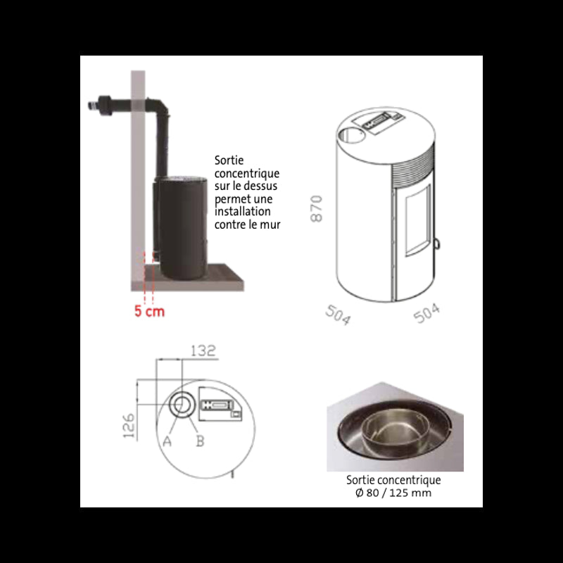 Giuliana Up Pelletöfen – versiegelter Top‑Exit, 9,1 kW, schwarzes Glas