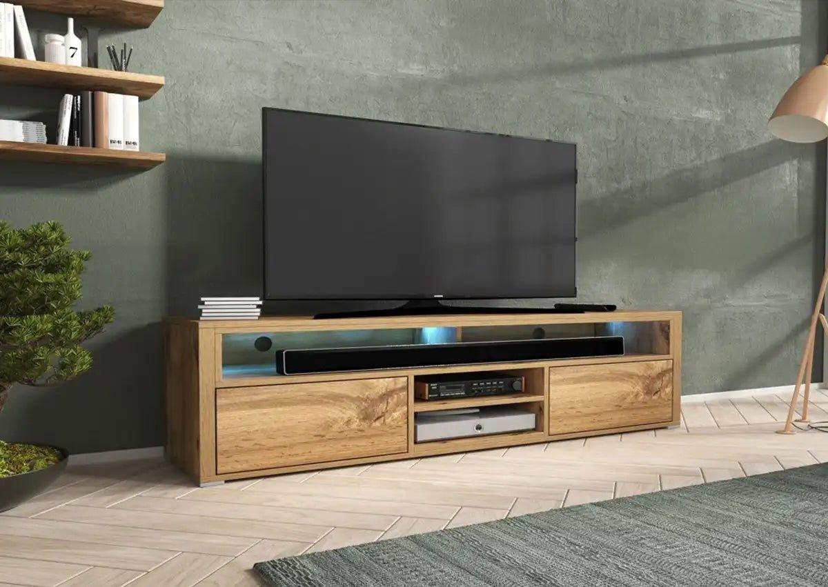 Elegantes TV-Lowboard Credenza Eichenoptik mit Integrierter LED-Beleuchtung Medienmöbel Wohnzimmer