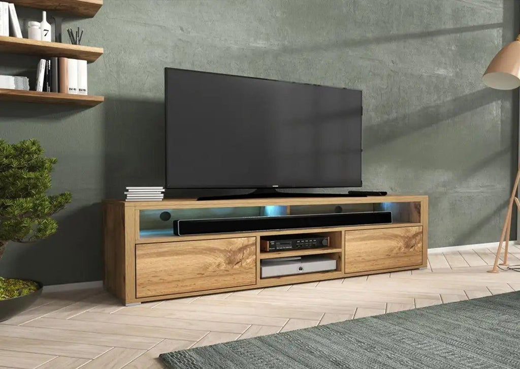 Elegantes TV-Lowboard Credenza Eichenoptik mit Integrierter LED-Beleuchtung Medienmöbel Wohnzimmer